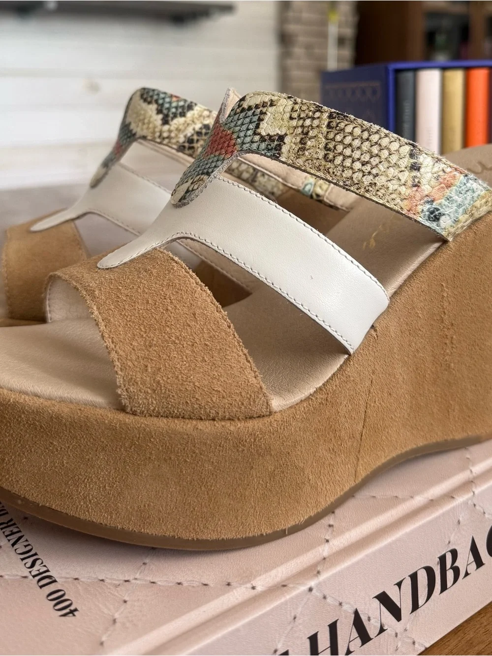 Women's Taupe Suede Wedge Sandals with White & Snake-Print Straps